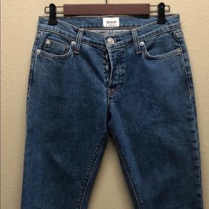 Hudson frayed hem button fly ankle jean.